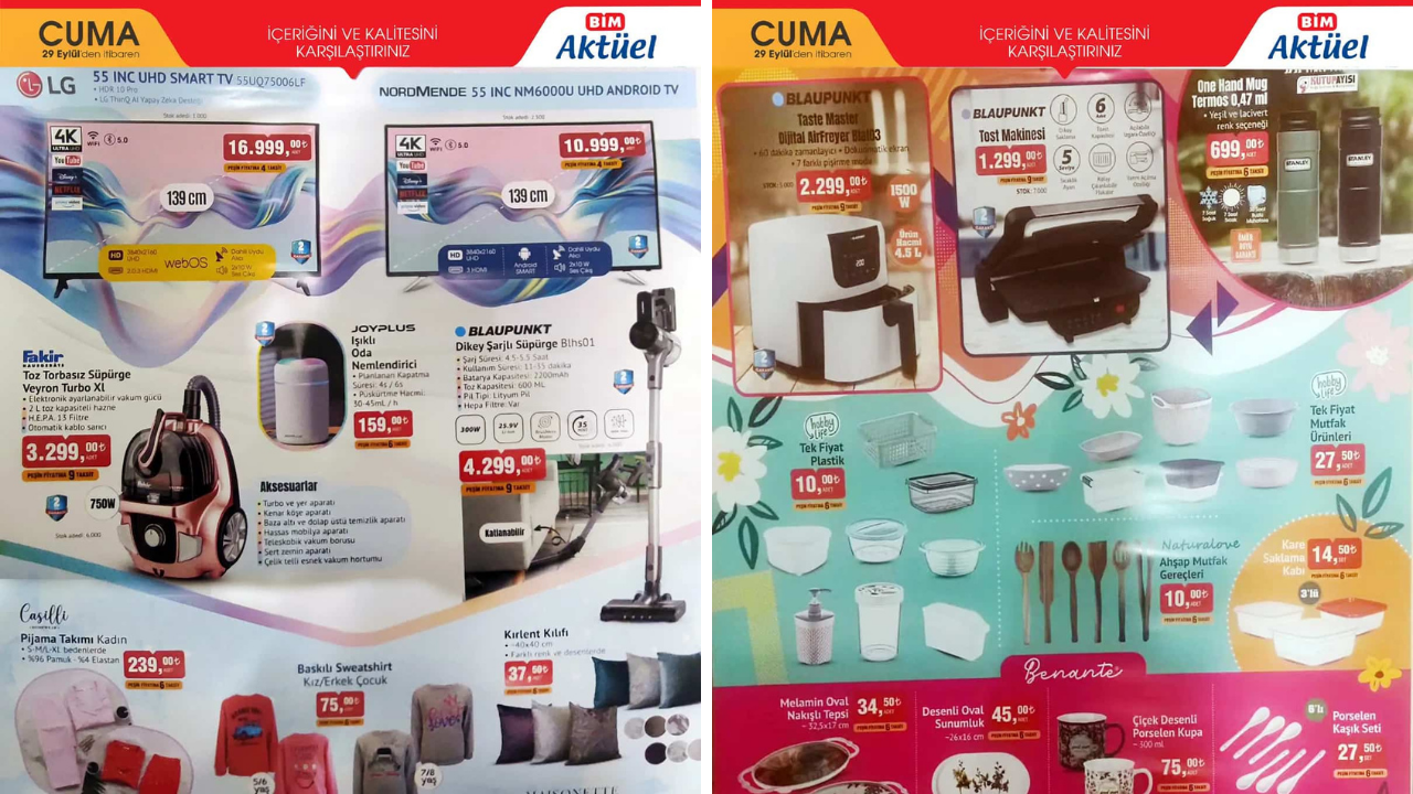 Bim 29 eylül aktüel ürünler kataloğu yayımlandı! Bim'de led TV,  Airfryer,  televizyonlar,  elektrikli ev aletleri,  züccaciye ürünleri,  tekstil ürünleri ve eğitici oyuncaklar çok uygun fiyata..