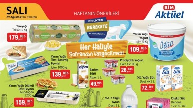 BİM’de Salı indirim şenliğinin günü 29 Ağustos son gün! BİM'de 1 kg tereyağı 179,  5 kg yarım yağlı yoğurt 109,  piliç salam 38.50,  ton balığı 59.50 TL