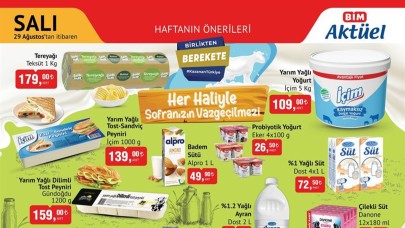 BİM’de Salı indirim şenliğinin günü 29 Ağustos son gün! BİM'de 1 kg tereyağı 179,  5 kg yarım yağlı yoğurt 109,  piliç salam 38.50,  ton balığı 59.50 TL