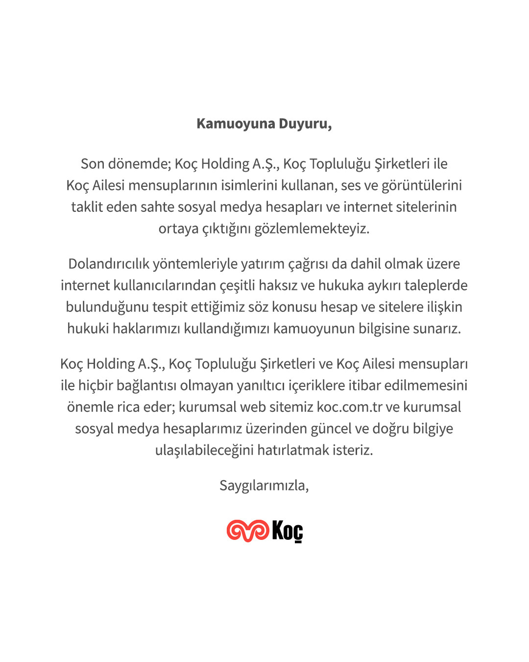 Koç Holding dolandırıcılık açıklaması