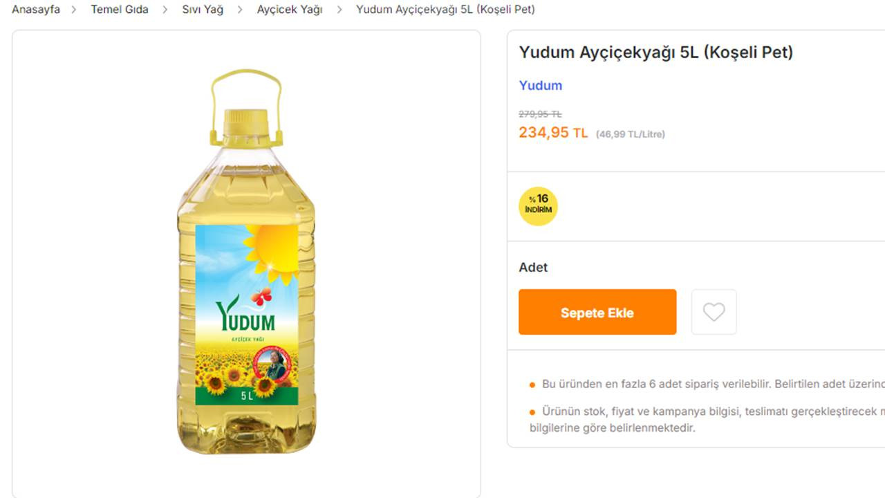 5 lt Yudum ayçiçek yağı fiyatları