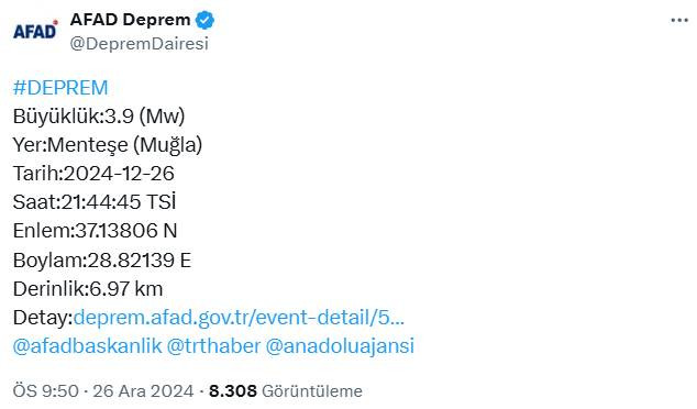 AFAD son depremler Muğla Menteşe